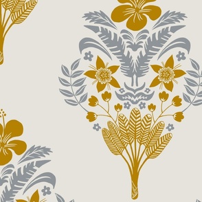  hibiscus flowers and palm leaves in silver and old gold on light gray | large