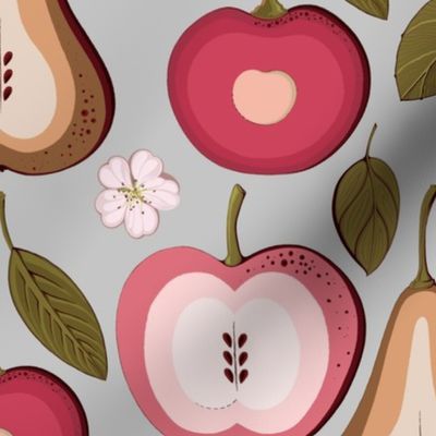 Fruit treats, pear, cherry and pink apples on a gray background