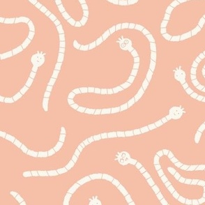 Medium | Non-directional Cute Wormy Worm White on Pastel Pink Coral