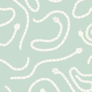 Medium | Non-directional Cute Wormy Worm White on Pastel Green Mint