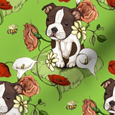 Boston Terrier Puppy Posie with flowers and bees on lime green - custom colorway