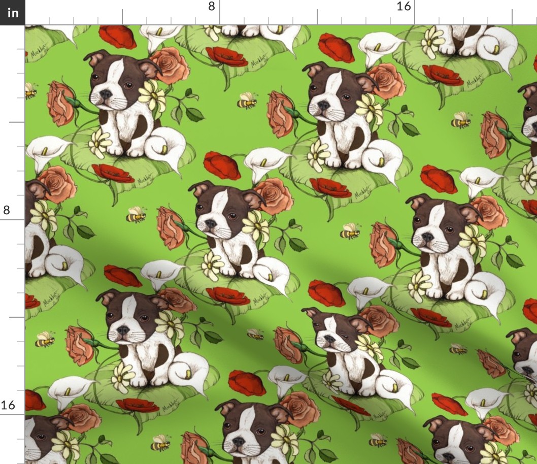 Boston Terrier Puppy Posie with flowers and bees on lime green - custom colorway