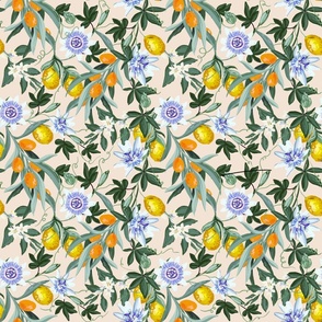Passion fruit flowers and kumquats pattern
