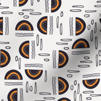 Retro style (M) rainbows, lines and freehand ovals in different directions - black, orange, dark grey on smokey white background