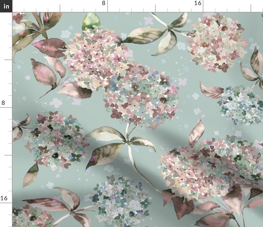 Moody floral - Hydrangea floral watercolor - Pastel Verdigris - Medium - Moody floral