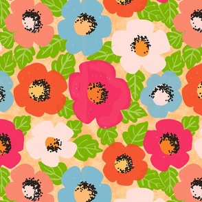 tropical bright vibrant flowers and leaves bright bold colors_peach background_Large