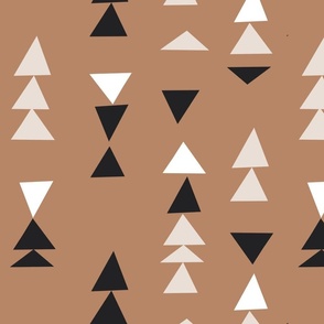 Simple Geometric hand-drawn triangle line pattern with geometrical shapes in white, black and off-white cream on solid terracotta orange in Modern Minimalistic Aesthetic for Kids Upholstery, Kitchen Wallpaper & Scandinavian Home Décor with Neutral Color P