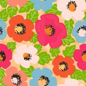 tropical bright vibrant flowers and leaves bright bold colors_peach background_Medium