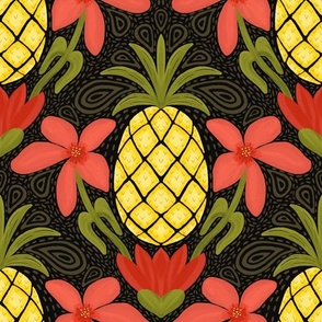 Pineapple Blooms - Black Background - Medium Scale
