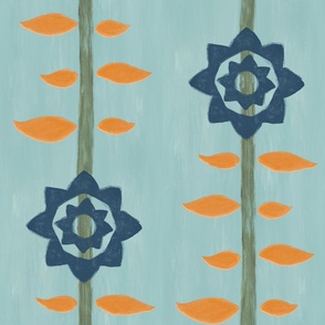 Extra Large Floral Block Print Wallpaper / Blue Green and Orange Large Floral / Cottage core Wallpaper