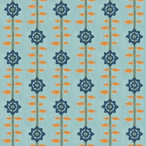Large Floral Block Print Wallpaper / Blue Green and Orange Large Floral / Cottage core Wallpaper