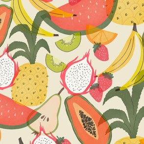 Tropical Fruits / Cream Background / Fruit Salad / Summer Colors