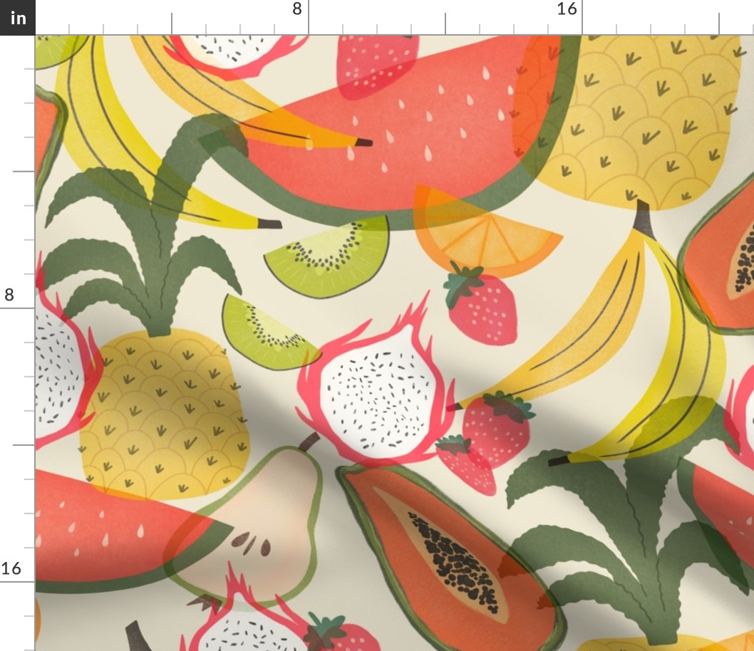 Tropical Fruits / Cream Background / Fruit Salad / Summer Colors