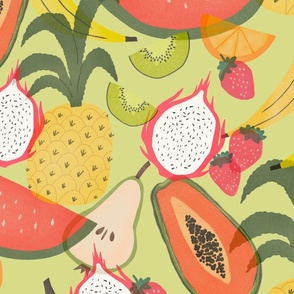 Tropical Fruits / Green Background / Fruit Salad / Summer Colors