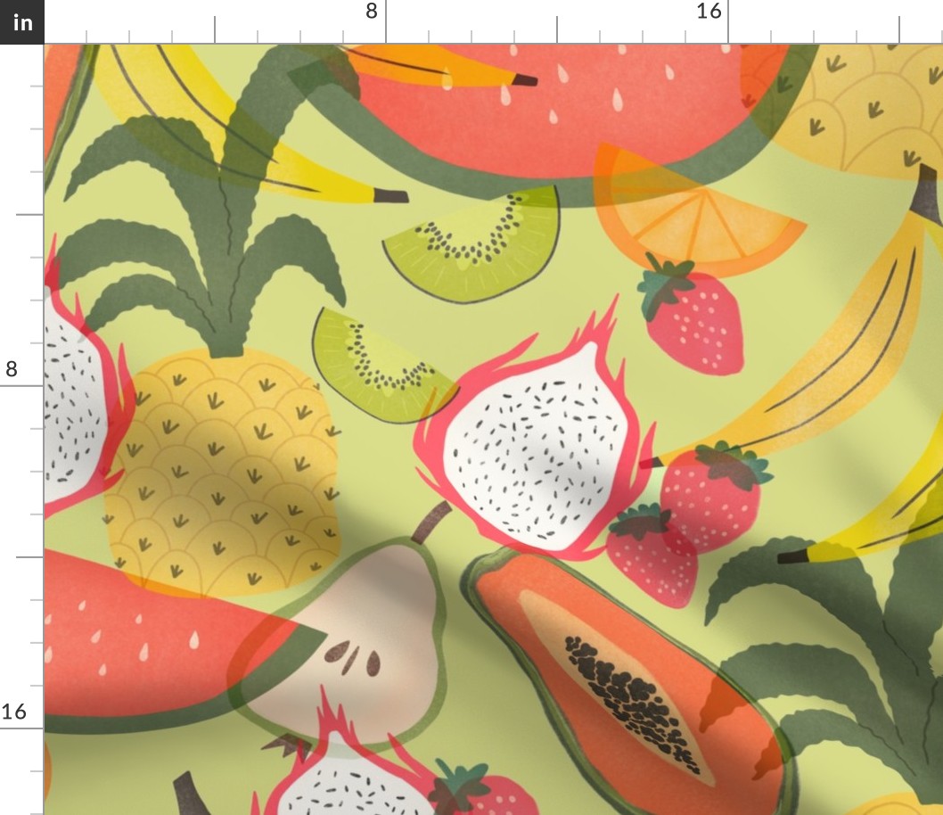 Tropical Fruits / Green Background / Fruit Salad / Summer Colors