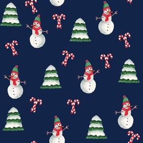Watercolor Snowman Candy Cane & Tree scatter on Navy Medium Scale 8" x 8"