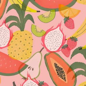 Tropical Fruits / Pink Background / Fruit Salad / Summer Colors