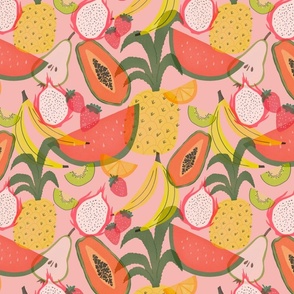 Smaller Tropical Fruits / Pink Background / Fruit Salad / Summer Colors