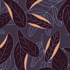 (XL) whimsical dark leaves texture on dark blue wallpaper