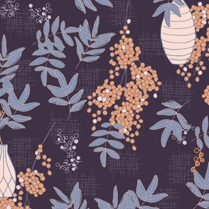 (XL) Peppers, berries, leaves, vases on dark blue wallpaper with texture