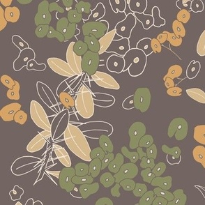 whimsical Africa green and honey yellow flowers on dark brown