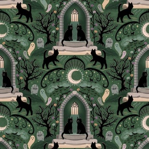 Witches cats visit haunted mansions and cemeteries at night - goth, witch, halloween, spooky, ghosts - moss green - large