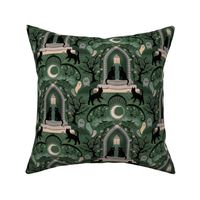 Witches cats visit haunted mansions and cemeteries at night - goth, witch, halloween, spooky, ghosts - moss green - mid-large