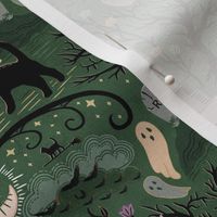 Witches cats visit haunted mansions and cemeteries at night - goth, witch, halloween, spooky, ghosts - moss green - mid-large