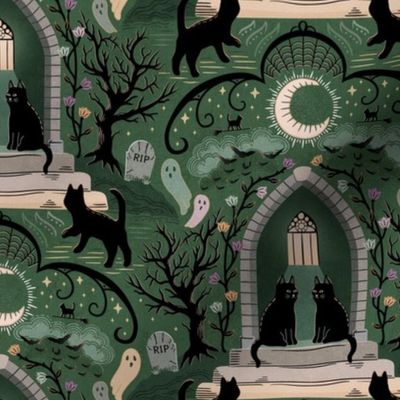 Witches cats visit haunted mansions and cemeteries at night - goth, witch, halloween, spooky, ghosts - moss green - mid-large