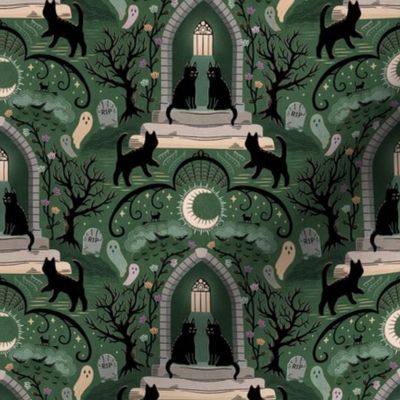 Witches cats visit haunted mansions and cemeteries at night - goth, witch, halloween, spooky, ghosts - moss green - medium