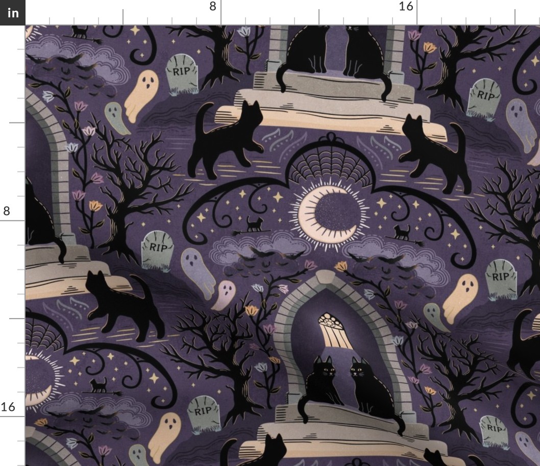 Witches cats visit haunted mansions and cemeteries at night - goth, witch, halloween, spooky, ghosts - purple - extra large