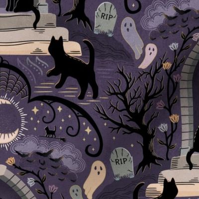 Witches cats visit haunted mansions and cemeteries at night - goth, witch, halloween, spooky, ghosts - purple - large