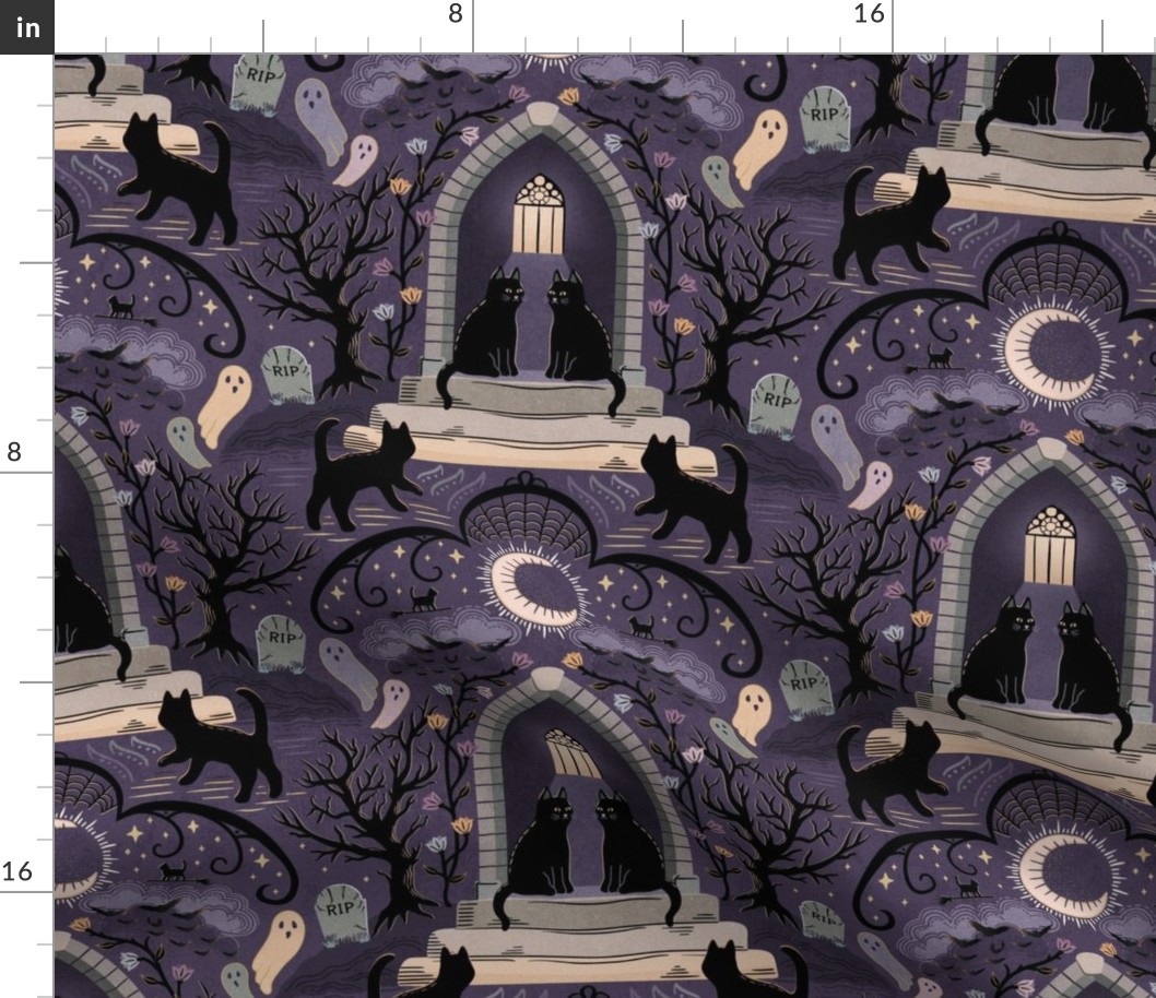 Witches cats visit haunted mansions and cemeteries at night - goth, witch, halloween, spooky, ghosts - purple - large