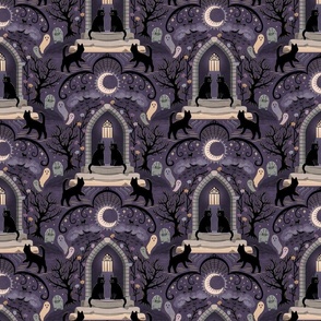 Witches cats visit haunted mansions and cemeteries at night - goth, witch, halloween, spooky, ghosts - purple - mid-large