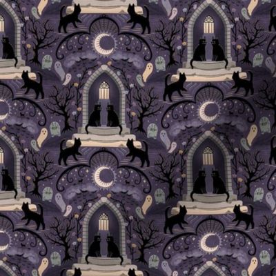 Witches cats visit haunted mansions and cemeteries at night - goth, witch, halloween, spooky, ghosts - purple - small