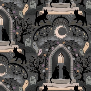 Witches cats visit haunted mansions and cemeteries at night - goth, witch, halloween, spooky, ghosts - charcoal grey - extra large