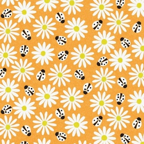 Ladybirds and Daisies on Orange Medium