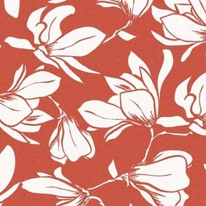 Magnolia Garden Floral - Textured Terra Cotta Red White Regular