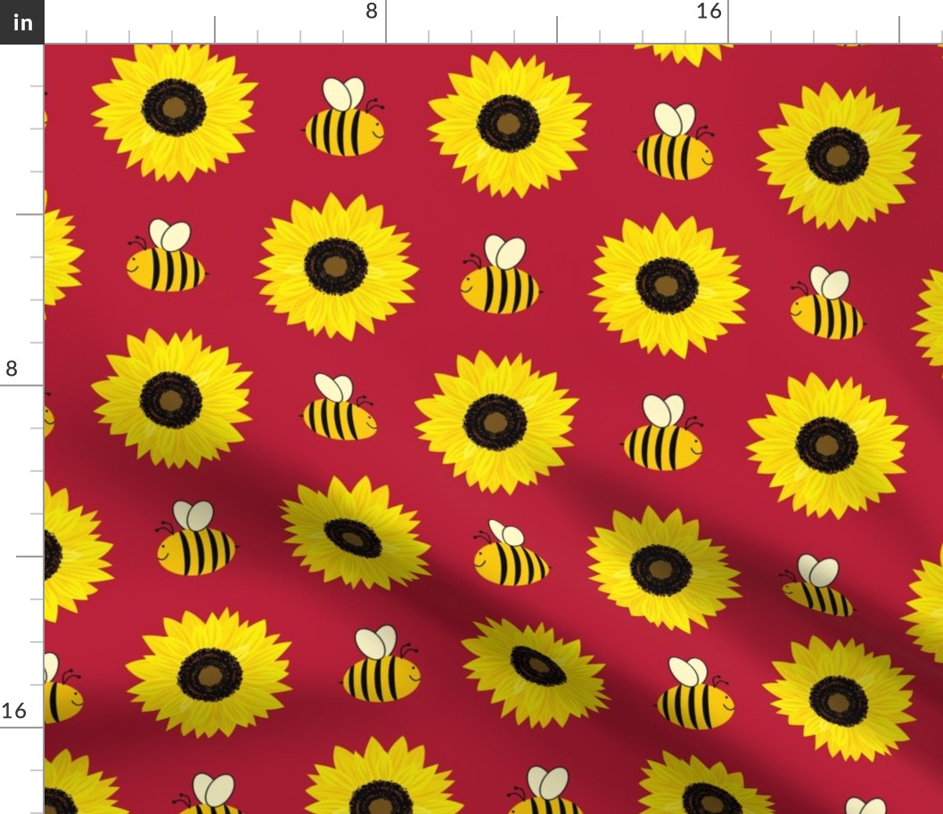 Sunflowers - Bees and Flowers on Red