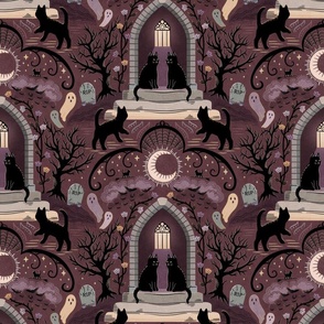 Witches cats visit haunted mansions and cemeteries at night - goth, witch, halloween, spooky, ghosts - burgundy/maroon - large