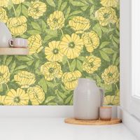 Shabby Chic Peonies Damask Lemon Yellow and Green Large