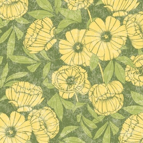 Shabby Chic Peonies Damask Lemon Yellow and Green Large