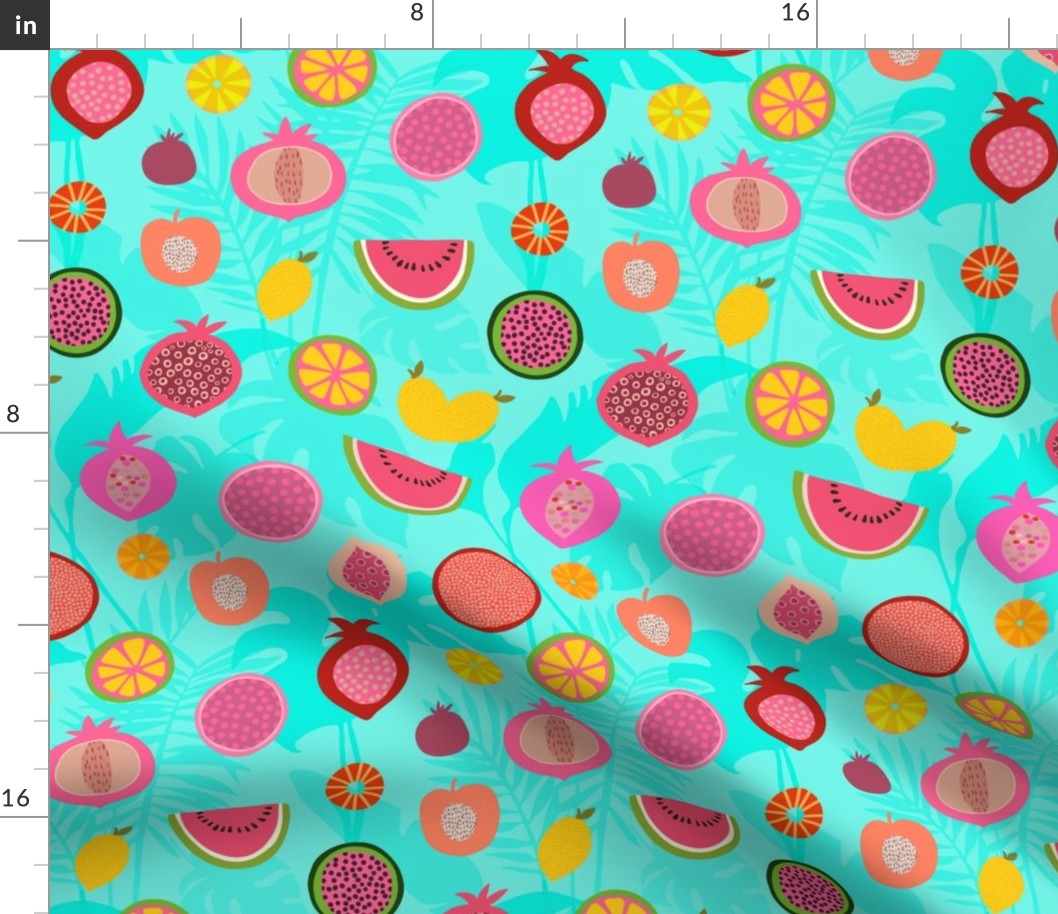  Tropical Fruit Fiesta Summer Pattern On Turquoise Smaller Scale