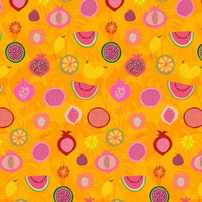  Tropical Fruit Fiesta Summer Pattern On Orange