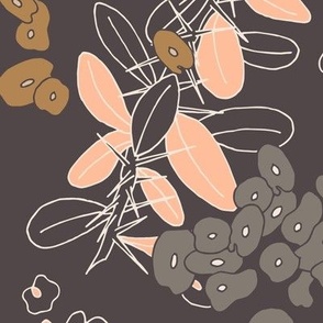 whimsical grey, honey brown flowers with thorns on dark brown