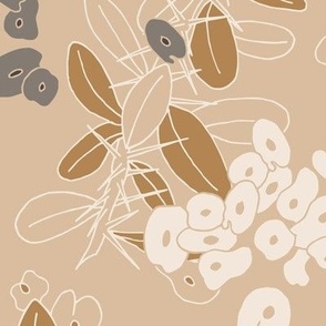 whimsical light and dark grey flowers with thorns on tan brown