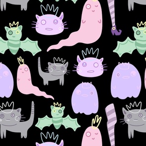 Pastel Halloween with ghosts and spooky cats on a Black Background