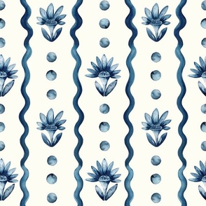 Blue Watercolor Vertical Waves, Flowers and Dots on Petal Natural bg - Magical Meadow
