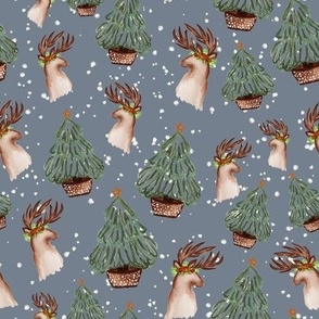 Medium - Watercolour Reindeer Christmas Tree_ Grey Blue