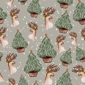 Medium - Watercolour Reindeer Christmas Tree_Grey Beige